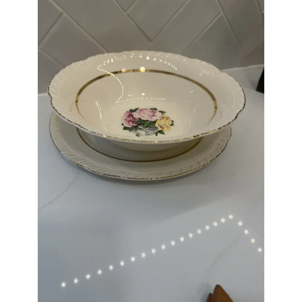 5 Piece Vintage American Limoges Janis R132 22k Gold Serving Bowl,  Plate-3 bowl